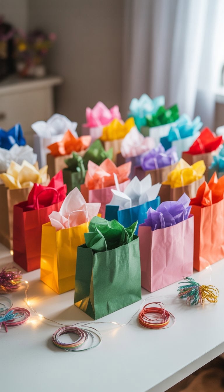 A collection of small gift bags in many different colors arranged on a white surface with tissue paper inside and party decorations around them.