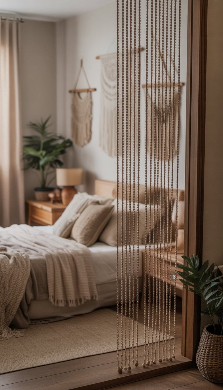 A bedroom with beaded curtain dividers in the doorway, featuring a made bed, wooden furniture, plants, and soft natural lighting.