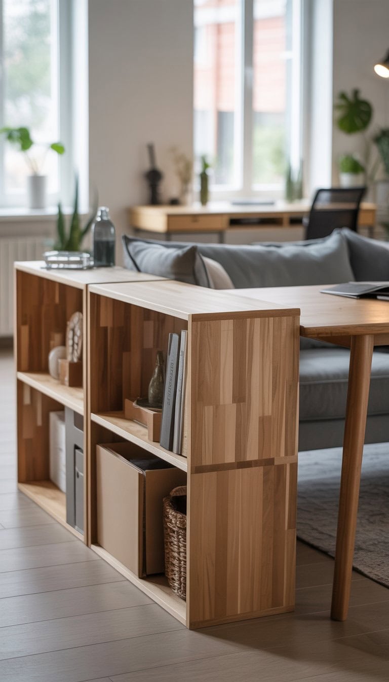 A low wooden room divider made from cut-down shelves separates a living area and a workspace in an open-plan room.