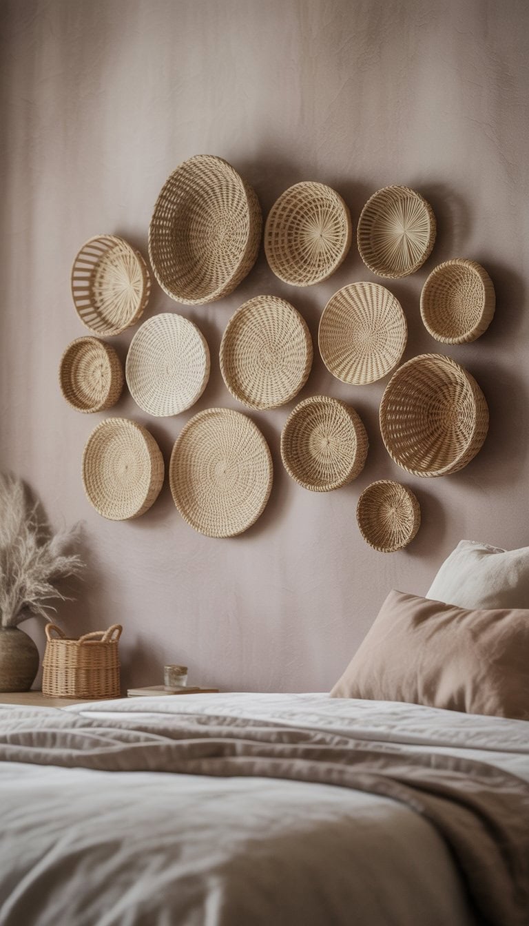 A bedroom wall decorated with a group of small woven baskets in natural colors arranged as wall art above a neatly made bed.