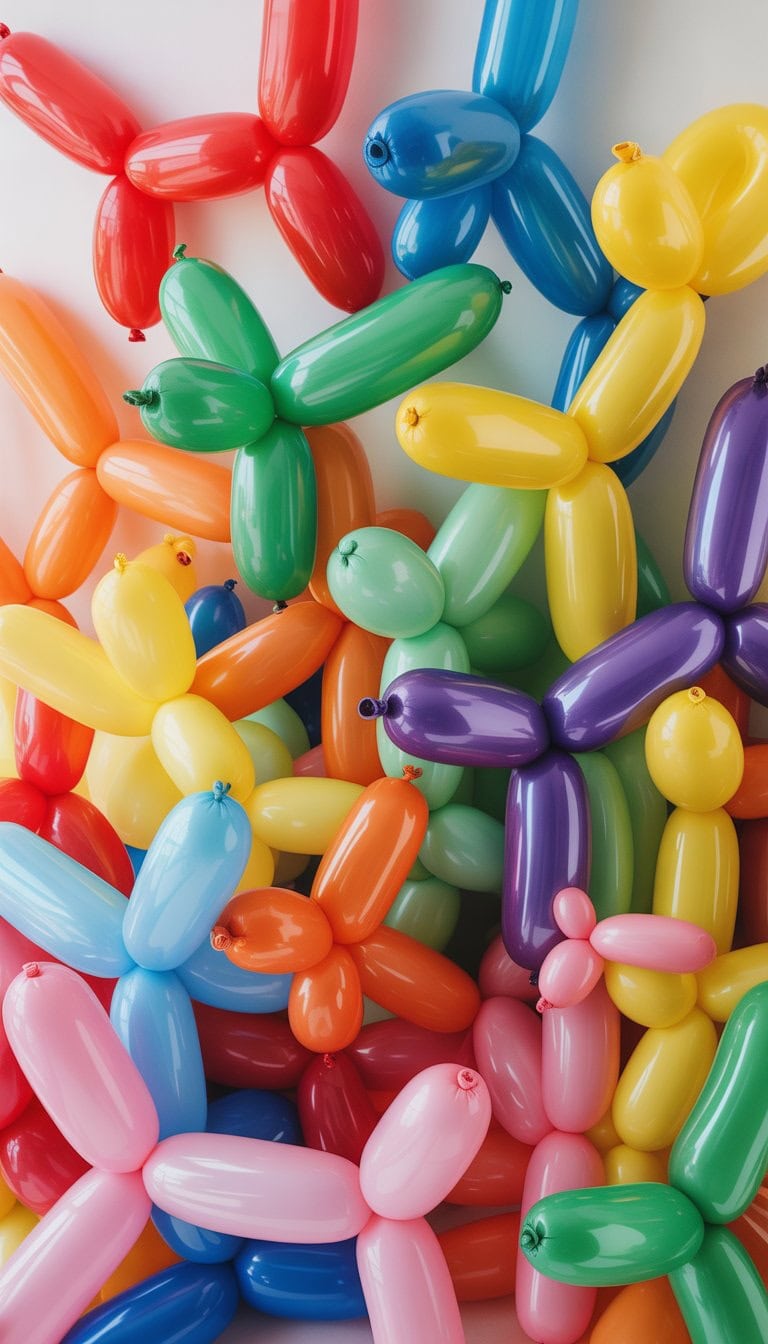 A collection of brightly colored balloon animals arranged as party decorations in various vivid colors against a plain background.