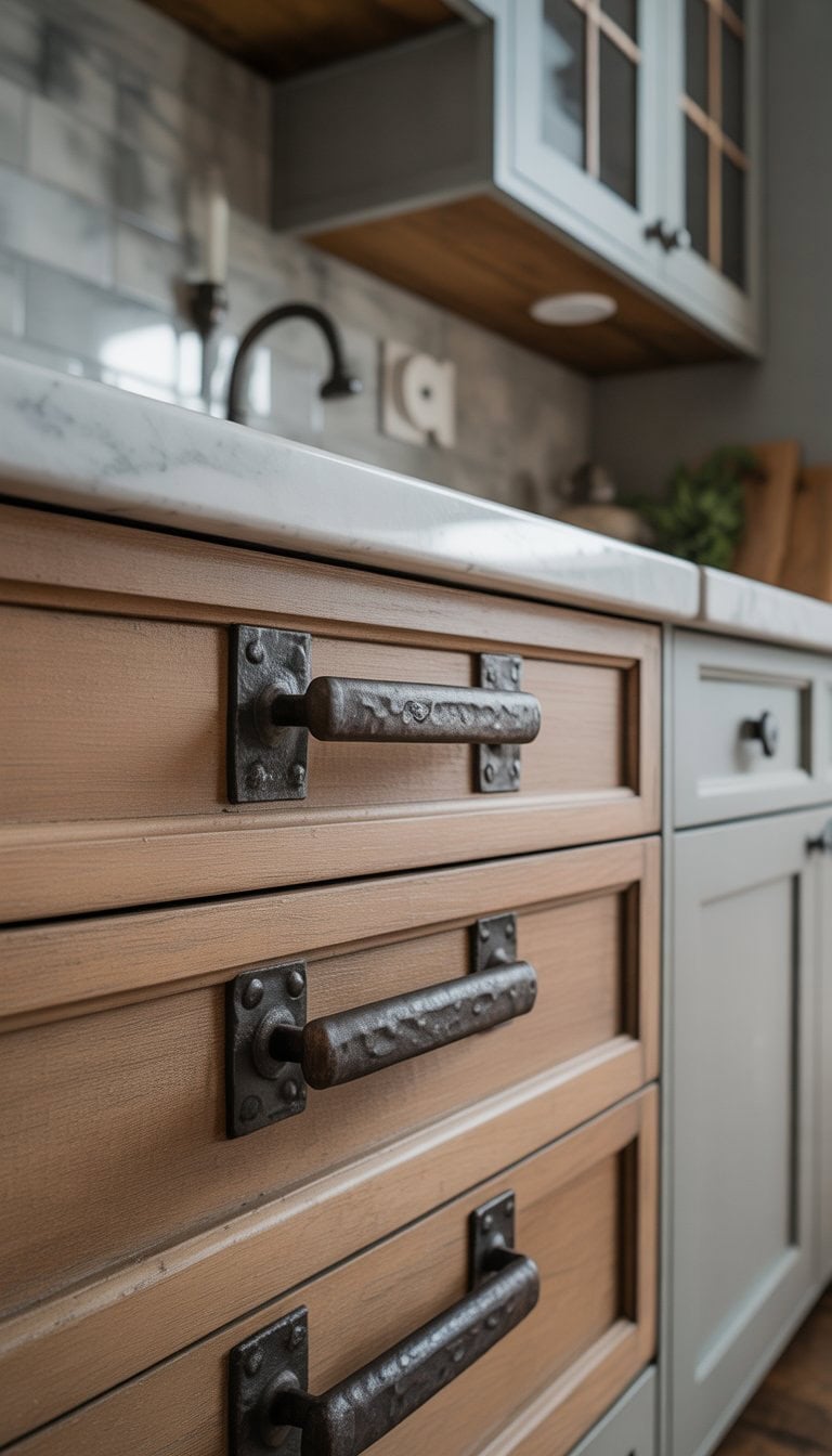 Close-up of iron drawer pulls mounted on wooden kitchen drawers with a blurred kitchen background.