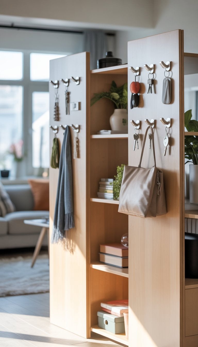 A room divider with hooks installed on the sides holding accessories like keys and a bag, placed in a bright living room with shelves displaying plants and books.