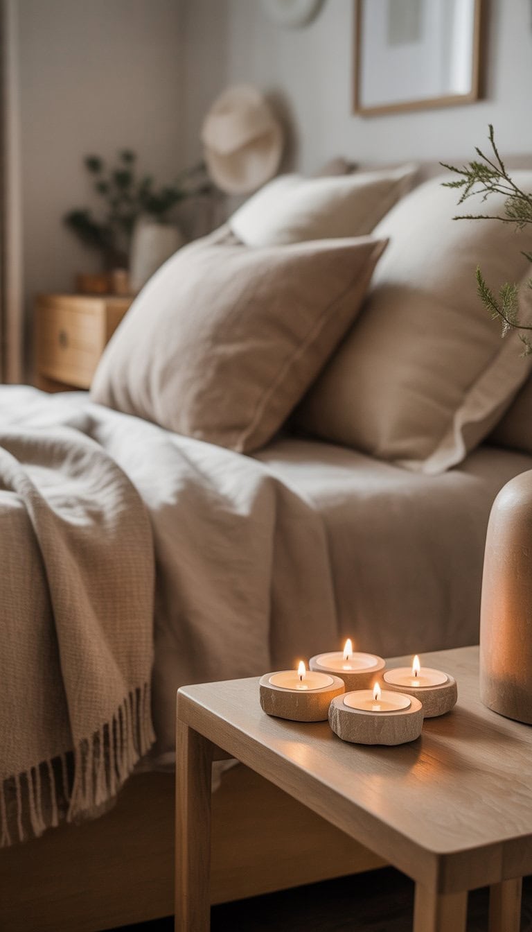 A cozy bedroom with stone tealight holders glowing softly on a wooden bedside table next to a neatly made bed with neutral-colored bedding.