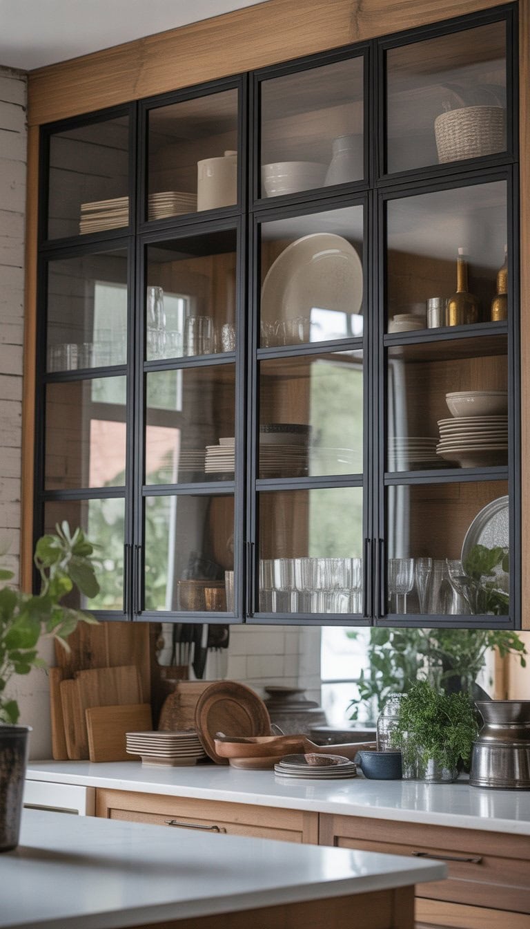 A bright kitchen with black framed glass cabinet doors, wooden accents, and neatly arranged dishes inside the cabinets.