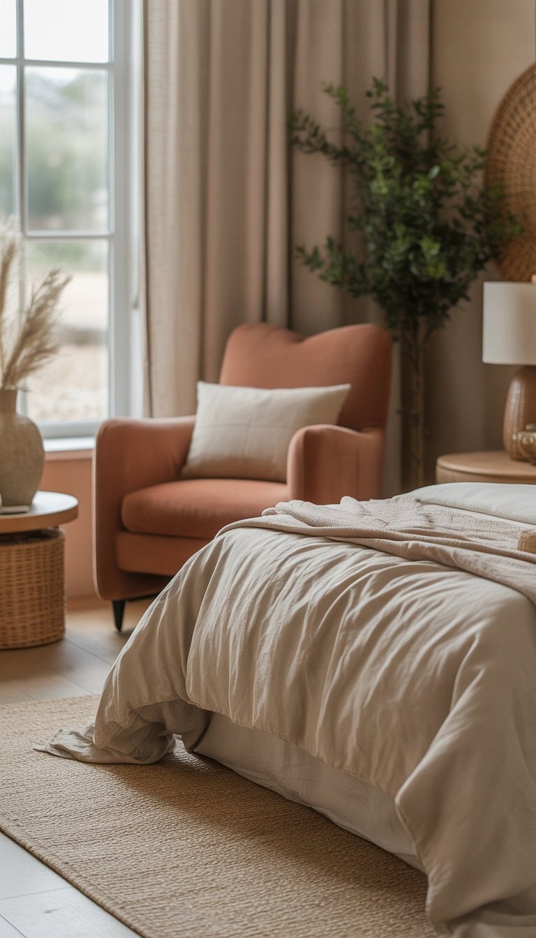 A bedroom with muted clay-colored accent chairs near a window, a neatly made bed, and natural light filling the space.