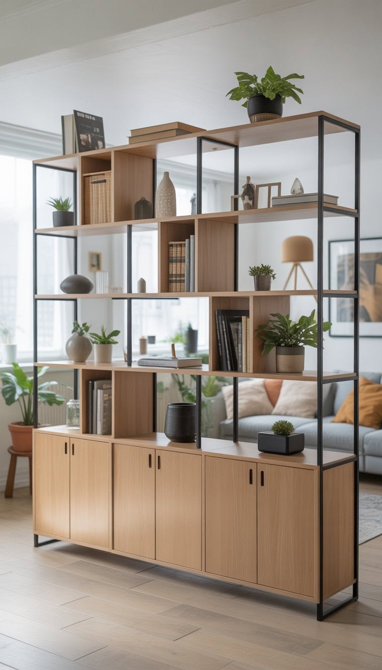 A room divider with a mix of open shelves and closed storage compartments in a bright living room.