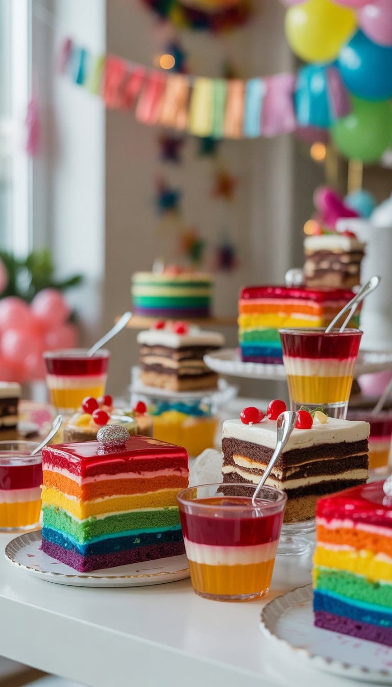 A table filled with an array of colorful layered rainbow desserts in many vibrant colors, surrounded by matching party decorations.