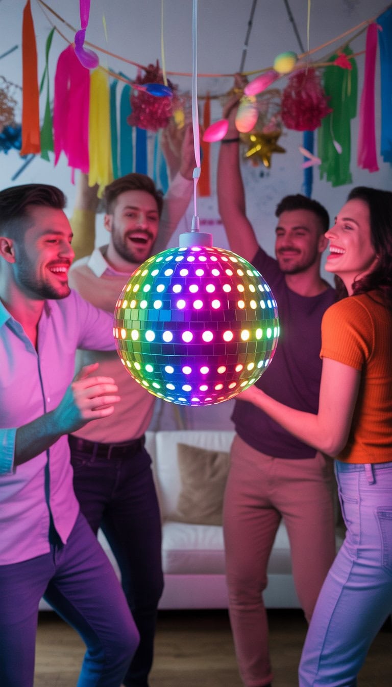A colorful LED disco ball hanging above a party where adults are dancing and enjoying vibrant decorations.