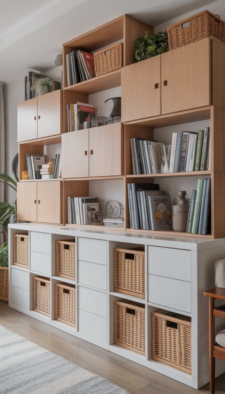 A modern room divider made from combined wooden cabinets and cubes filled with books and decorative items, separating two areas of a living space.