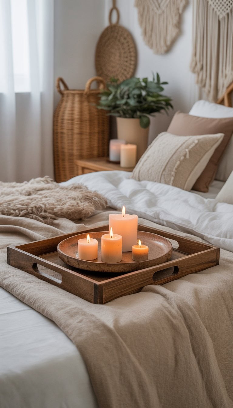 Rustic wooden trays with lit candles on a bedroom surface surrounded by soft bedding and natural decor.