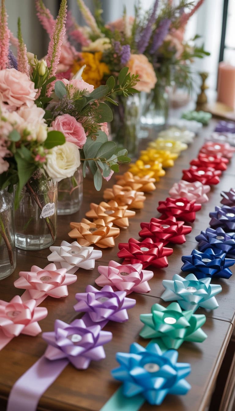A colorful party table decorated with floral ribbons and bows in many different colors, surrounded by fresh flowers and greenery.