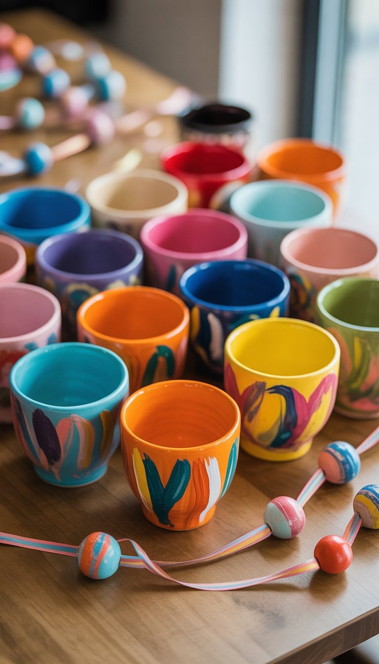 A collection of colorful hand-painted ceramic cups arranged on a wooden table with matching DIY party decorations.