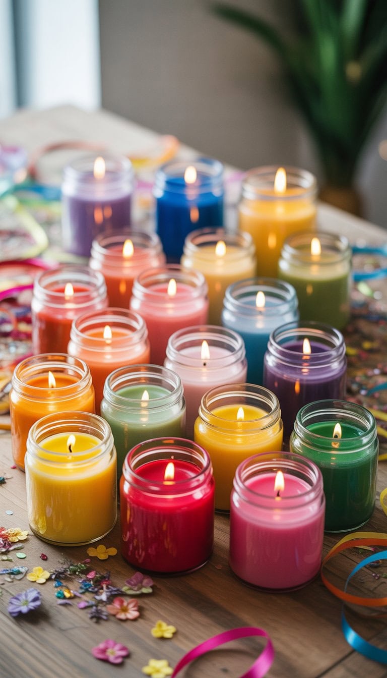 A collection of colorful lit candle jars in various bright colors arranged on a table with festive decorations around them.
