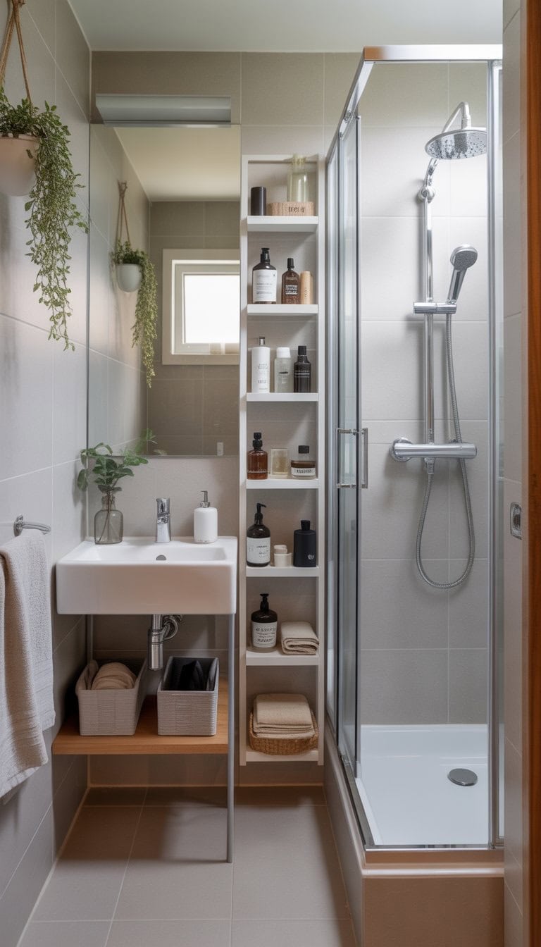 A small bathroom with a wall-mounted sink, vertical shelving, corner shower, and a large mirror reflecting natural light.
