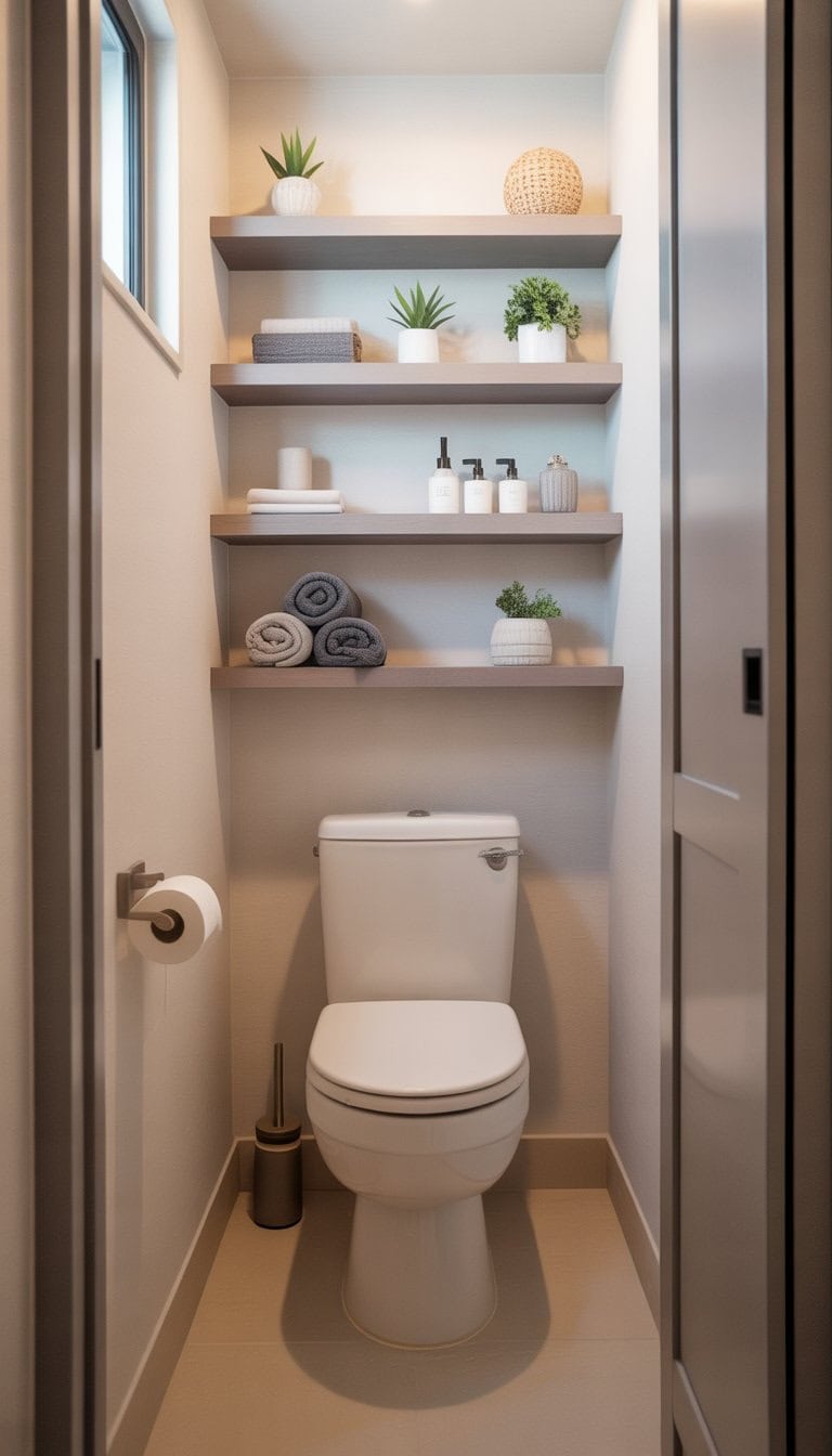 Small bathroom with floating shelves installed above the toilet holding plants and towels, maximizing space.