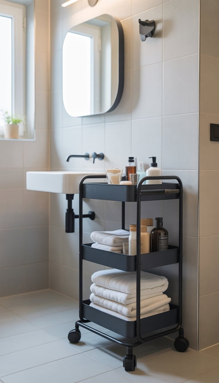 A small bathroom with a narrow rolling cart holding toiletries and towels next to a sink and mirror.