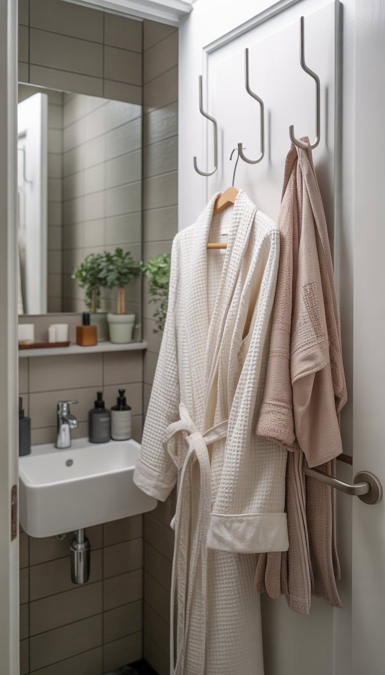 A small bathroom door with hooks holding a bathrobe and towels, showing an organized and space-saving setup.