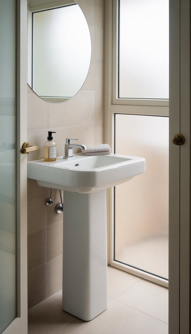 Small bathroom with a white pedestal sink, round mirror, and natural light coming through a window.