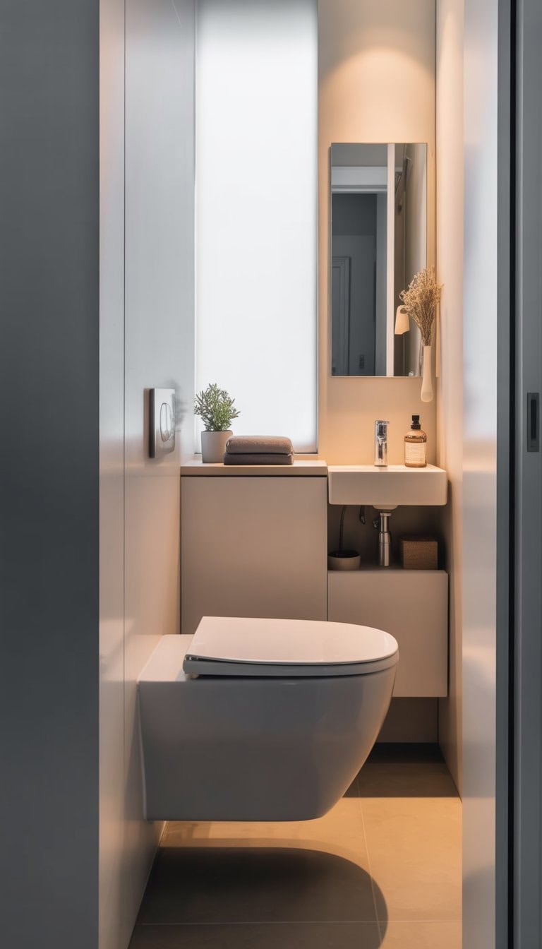 A small bathroom with a wall-mounted toilet, a floating vanity, and a window letting in natural light.