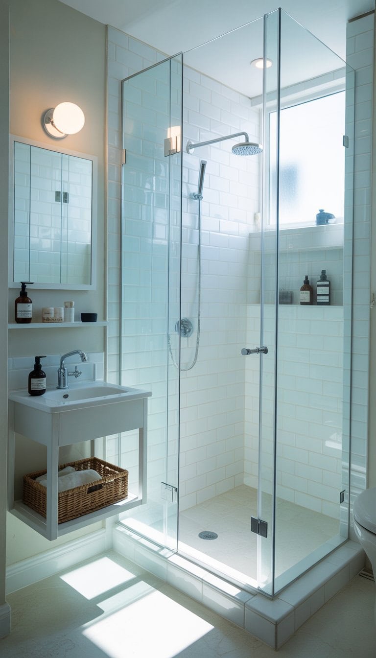 Small bathroom with clear glass shower doors, white vanity, and natural light creating an open and spacious feel.