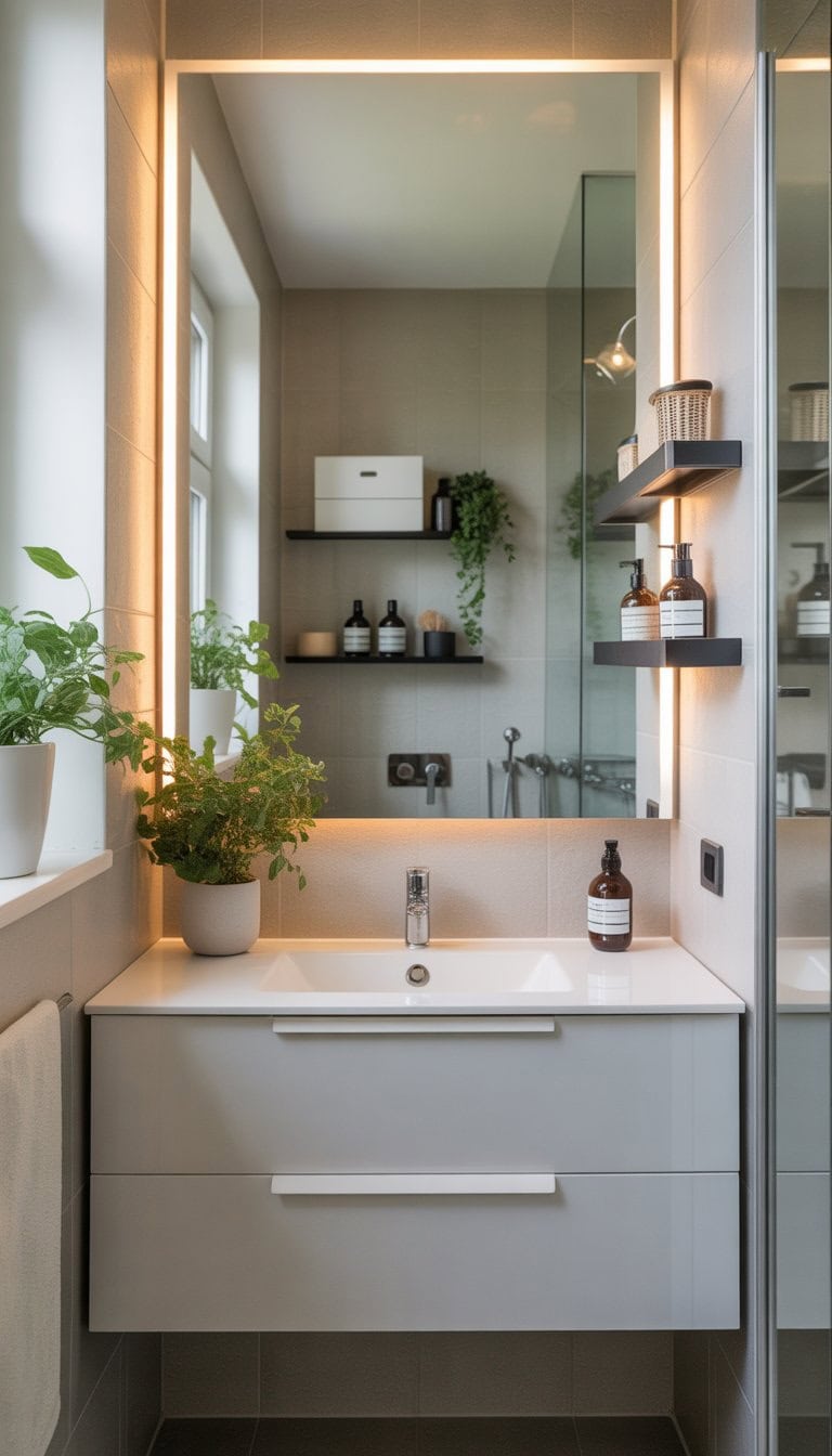 A small bathroom with a large mirror reflecting natural light, a white vanity, wall shelves, and green plants.