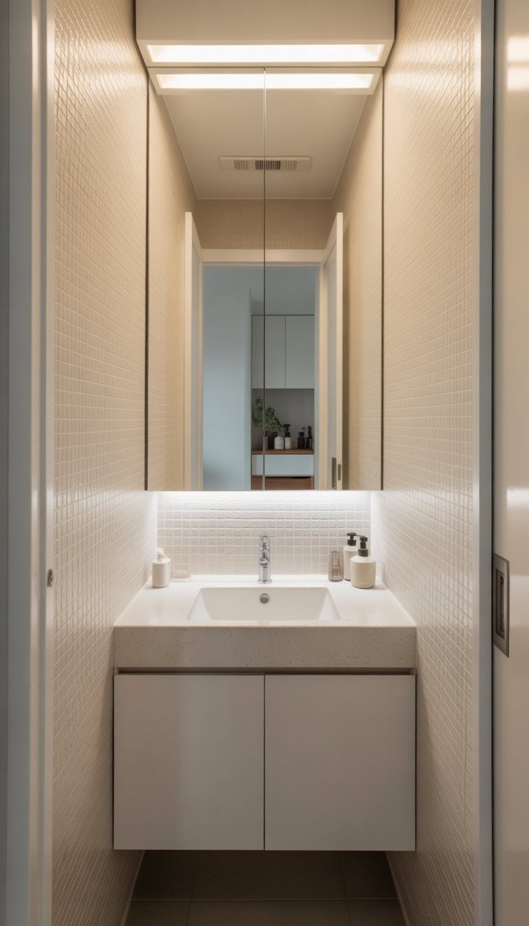 Small bathroom with a recessed medicine cabinet integrated into the wall above the sink.