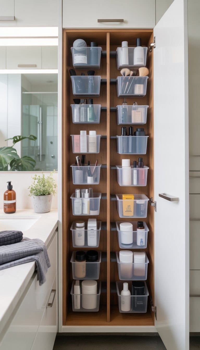 Open bathroom cabinet showing vertical storage bins neatly organizing small toiletries and accessories inside.