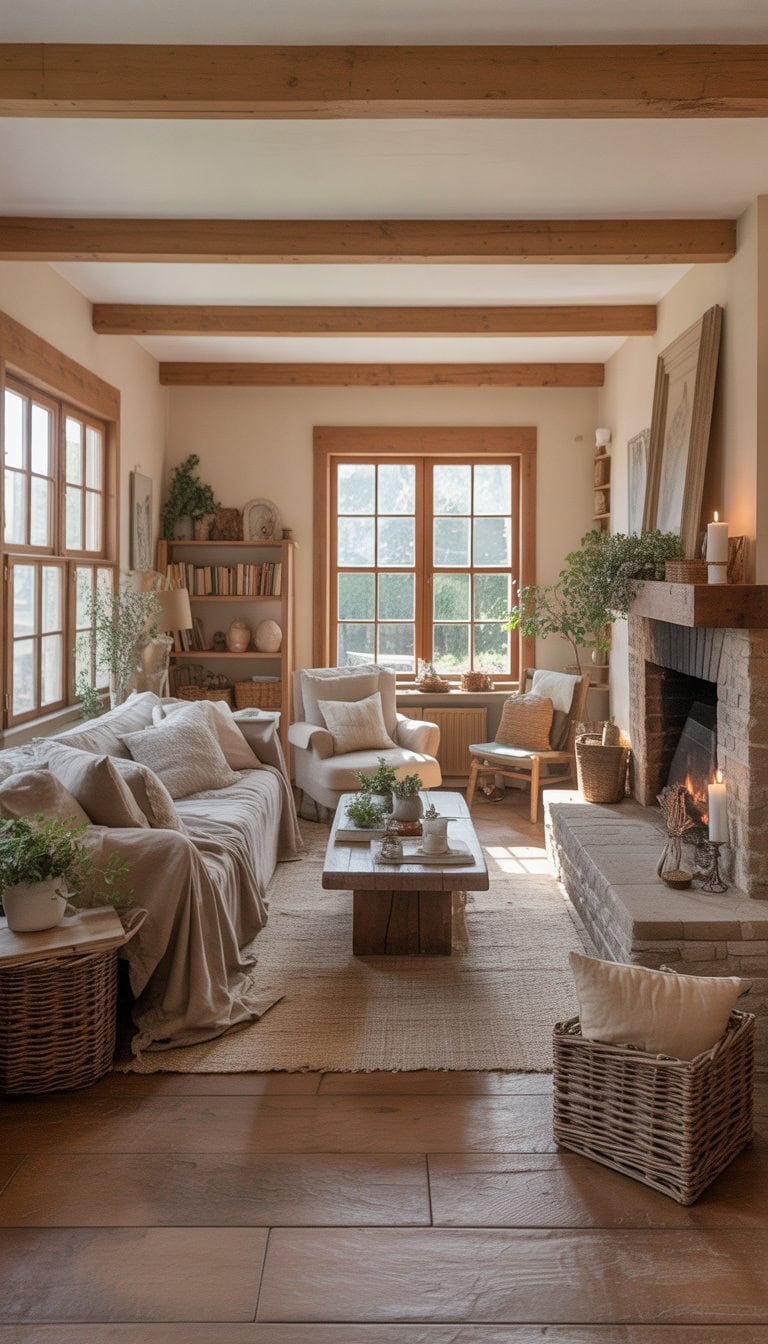 A bright living room with a sofa, coffee table, fireplace, wooden beams, and plants.