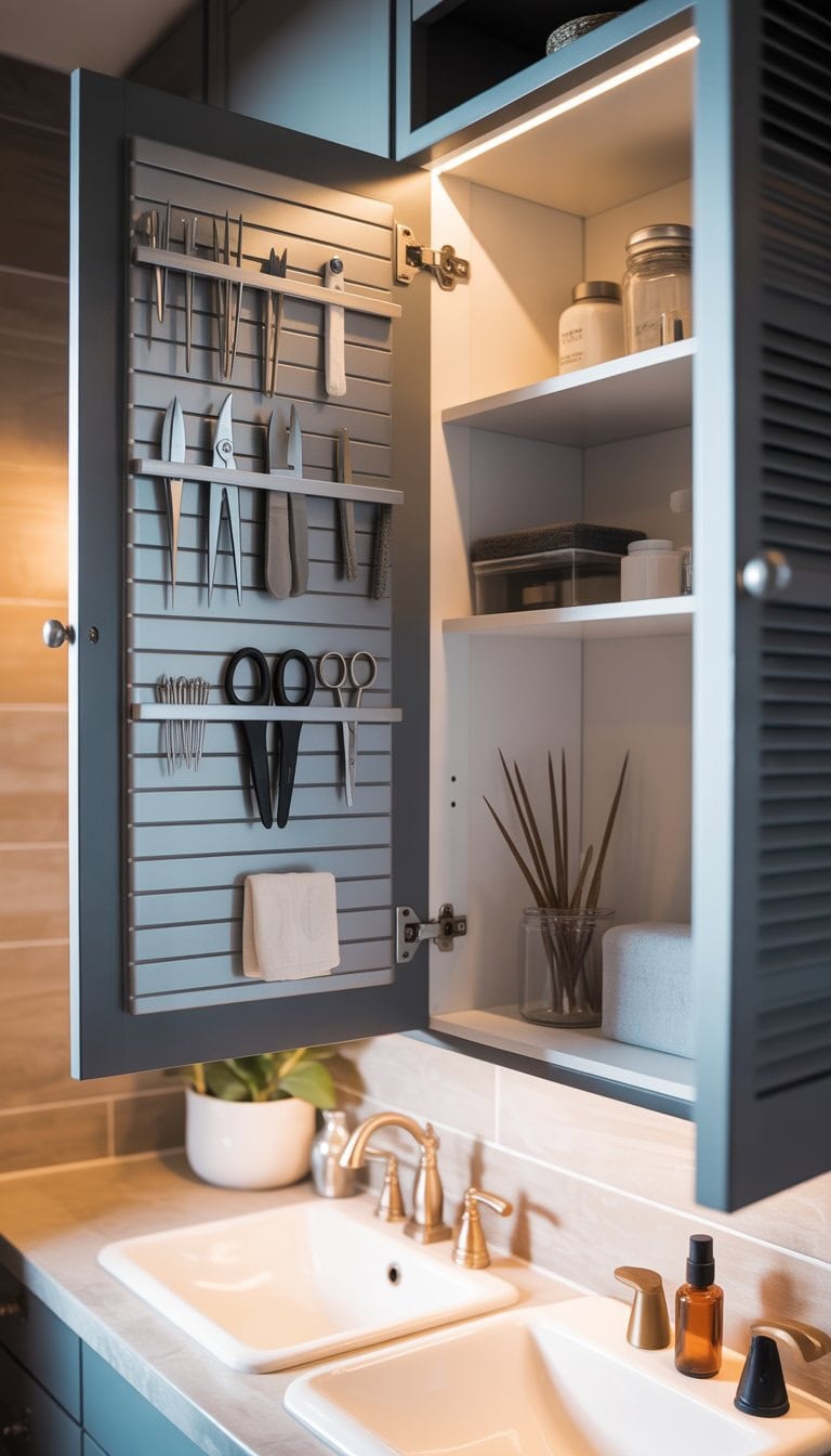 Open bathroom cabinet doors with magnetic strips holding small metal grooming tools inside.