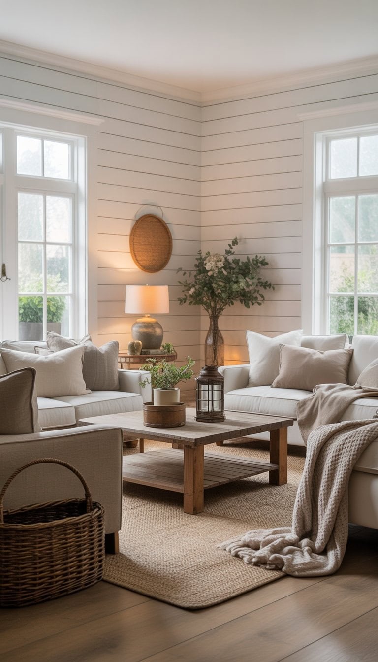 A bright living room with white wooden walls, comfortable sofas, a wooden coffee table, and plants near large windows.