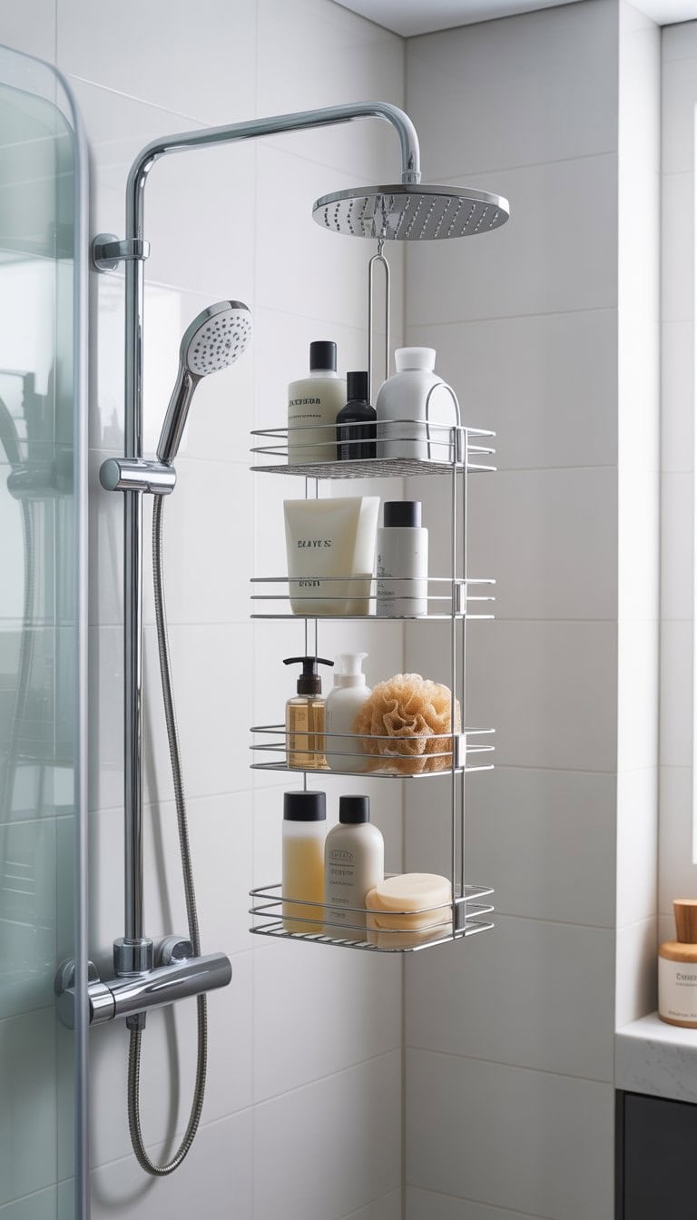 A small bathroom shower with a hanging shower caddy holding shampoo bottles and a loofah.