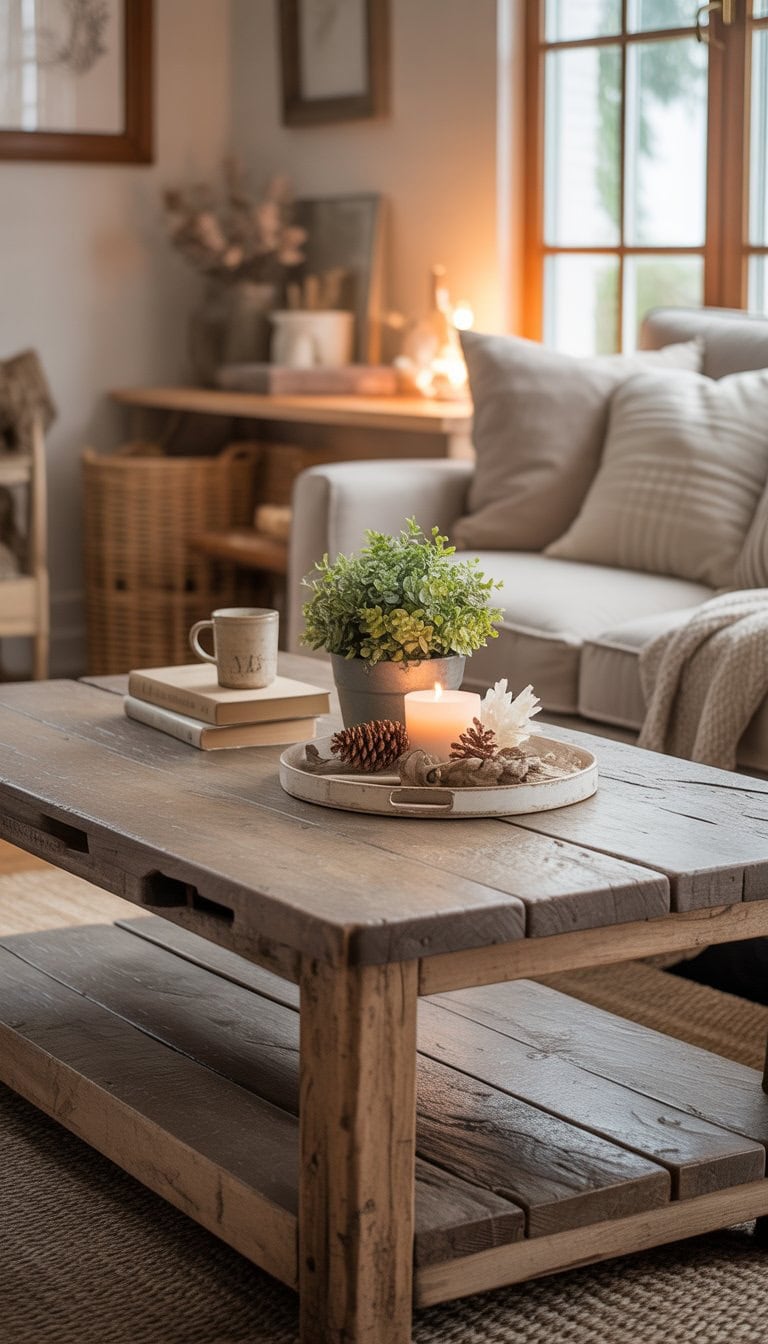 A wooden coffee table with a plant, books, and a candle in a cozy living room.