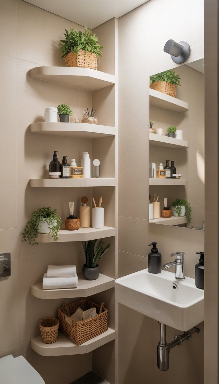 Small bathroom with corner shelves holding toiletries and plants, a compact sink, and a wall-mounted mirror.
