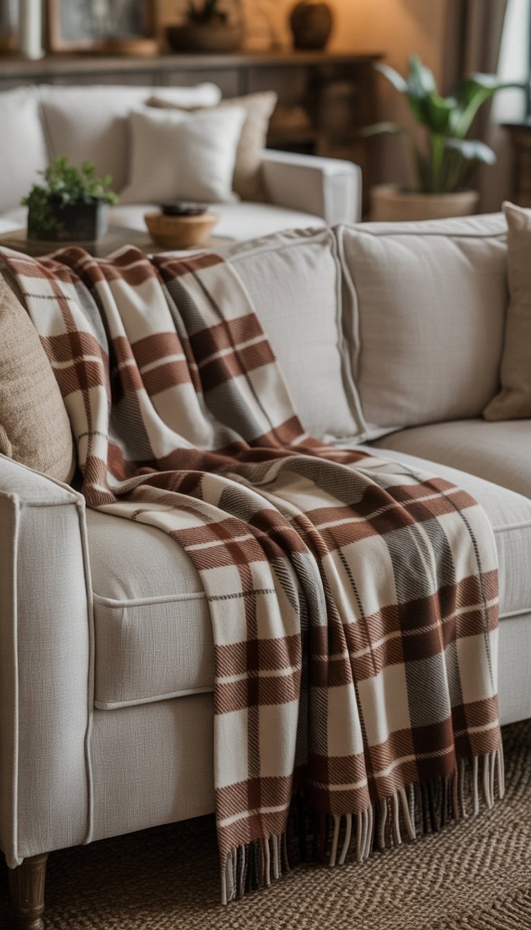 A living room with plaid throw blankets draped over a linen sofa surrounded by wooden furniture and plants.