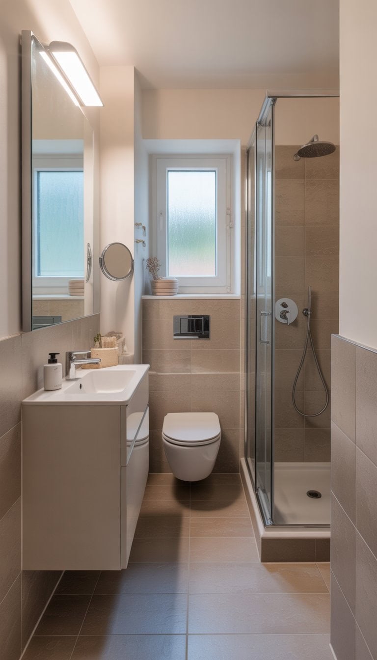 A small bathroom with light-colored walls and tiles, a compact vanity, a glass shower enclosure, and natural light coming through a window.