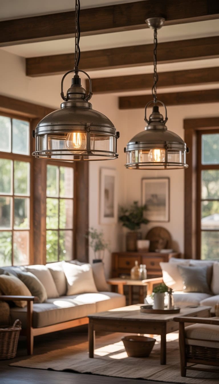 Living room with hanging vintage barn light pendant fixtures, wooden furniture, and comfortable seating.