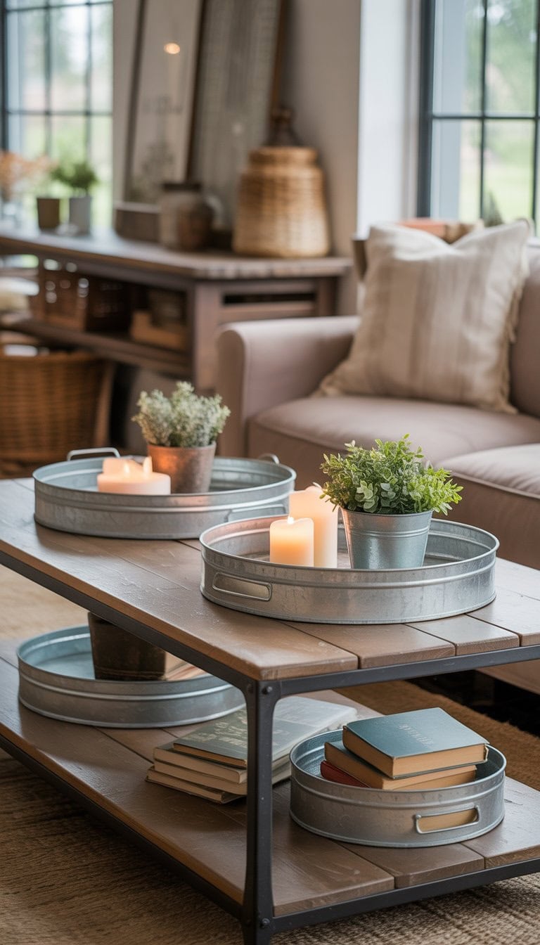 Living room with galvanized metal trays used as decorative accents on a coffee table and shelves, surrounded by comfortable furniture and natural light.