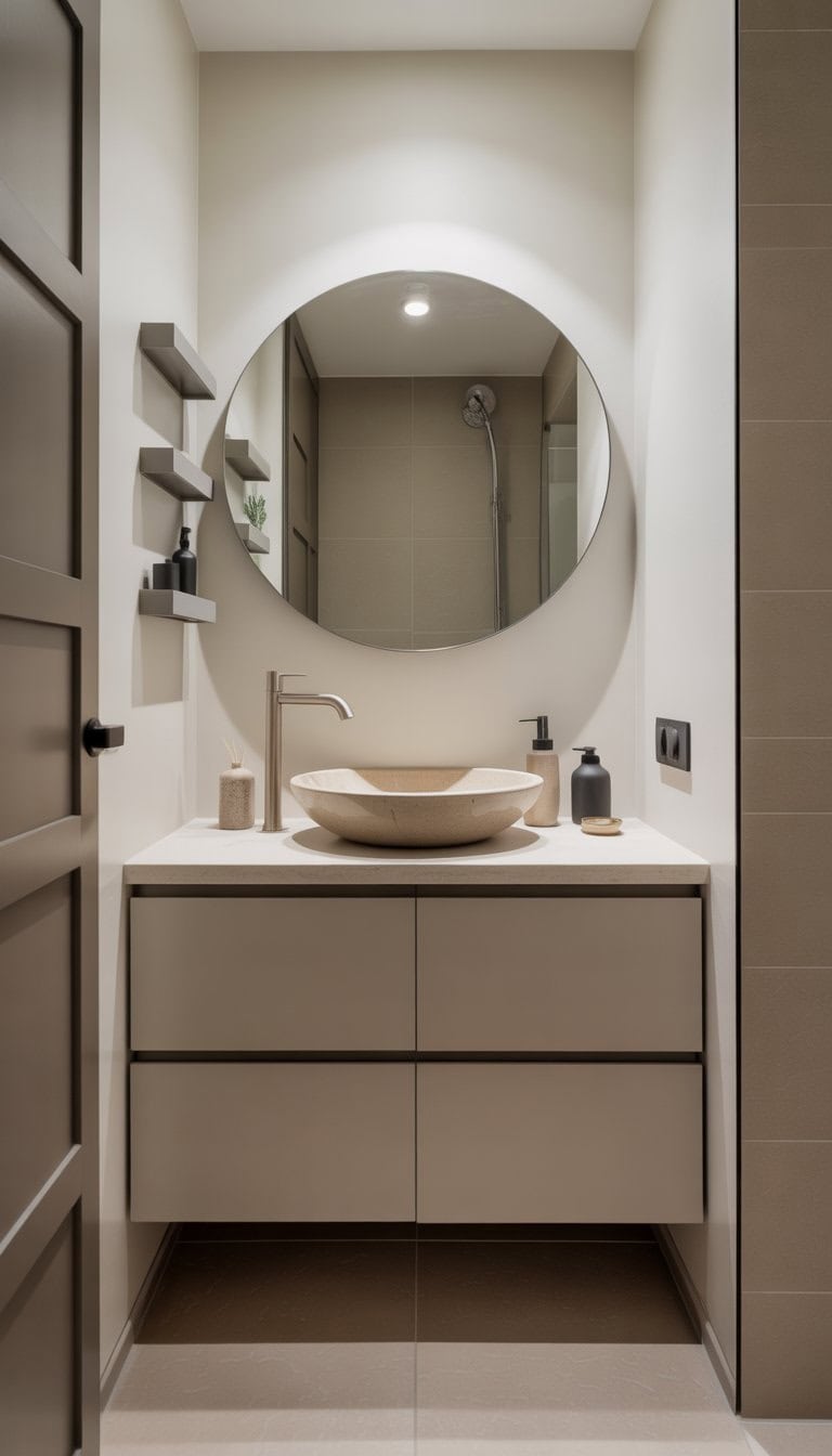 Small bathroom with a floating vanity that has built-in drawers, a vessel sink, and a round mirror above it.