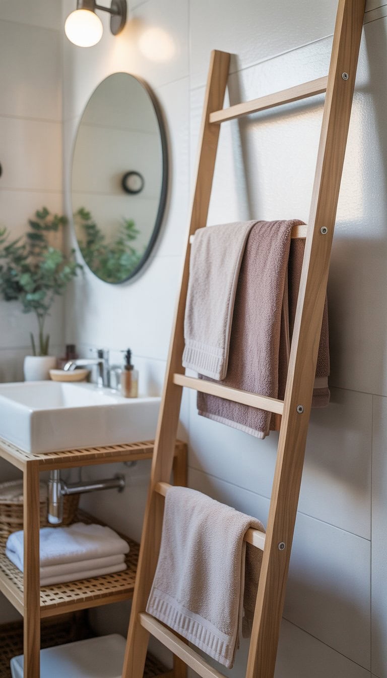 Small bathroom with a wooden towel ladder holding towels, a sink with a round mirror, and green plants.