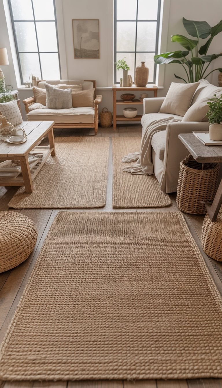 A cozy living room with natural fiber rugs on the floor, comfortable seating, wooden furniture, and plants near large windows.