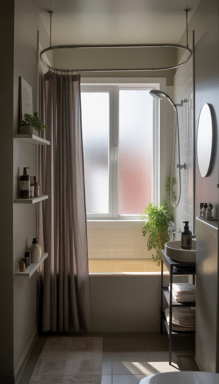 Small bathroom with a curved shower curtain rod installed over a bathtub, white tiled walls, and compact vanity with mirror.