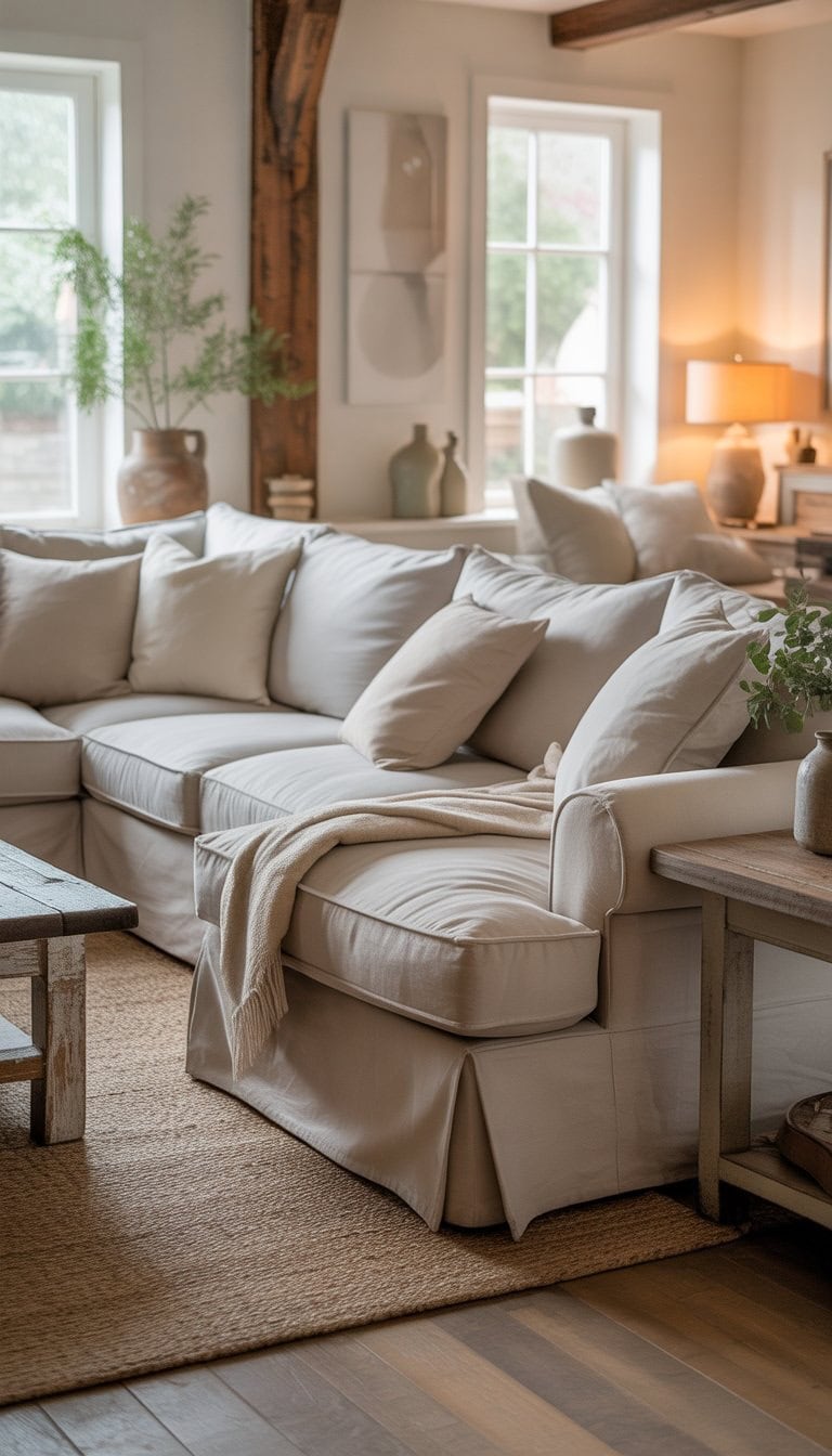 A bright living room with a large neutral-colored sectional sofa, wooden coffee table, and natural light coming through windows.