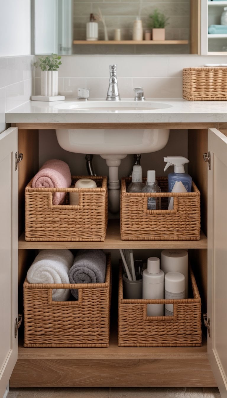 Under-sink cabinet in a small bathroom with stackable baskets neatly organizing towels and toiletries.