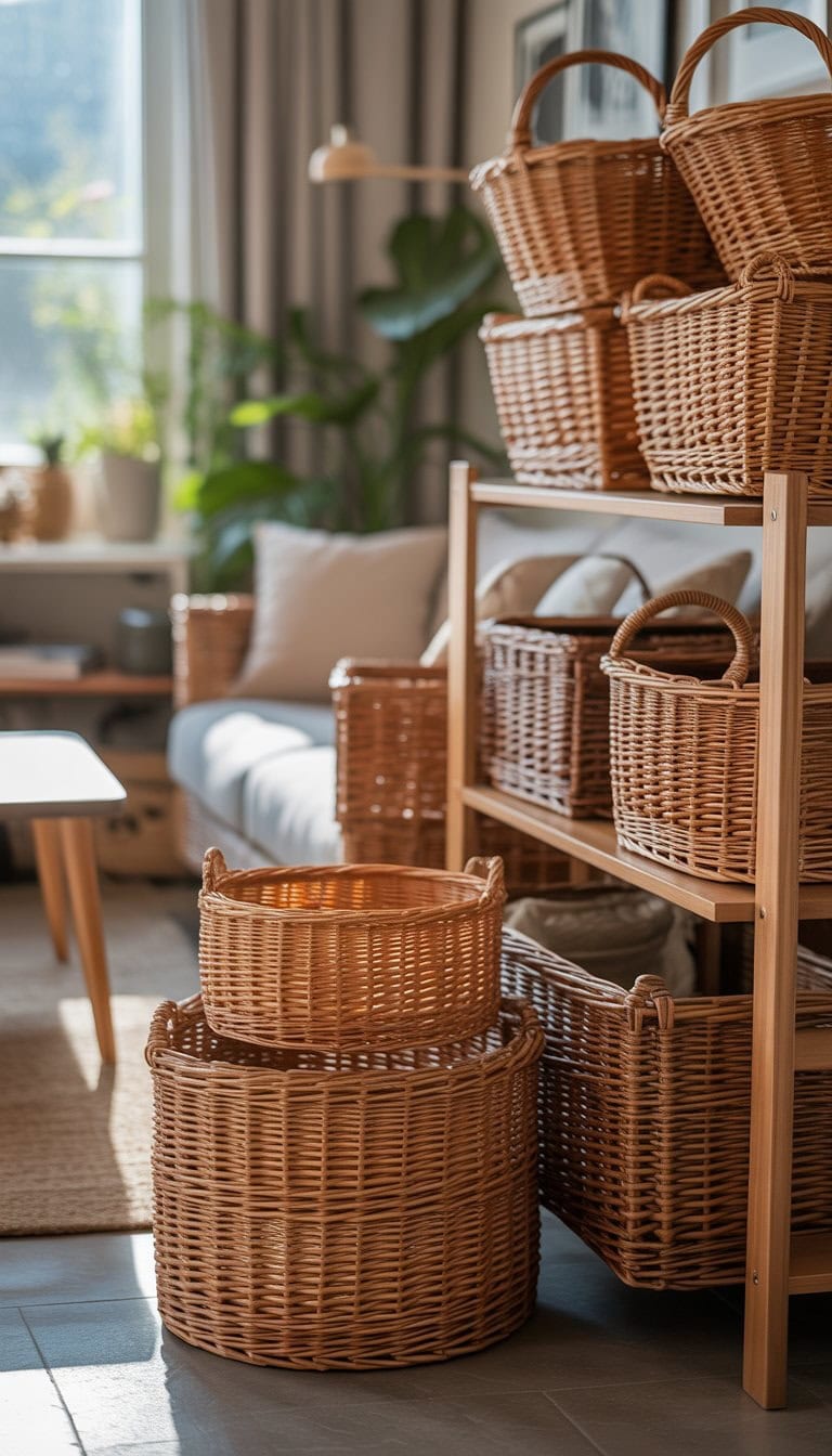 Living room with layered wicker baskets arranged on shelves and floor for storage and decoration.