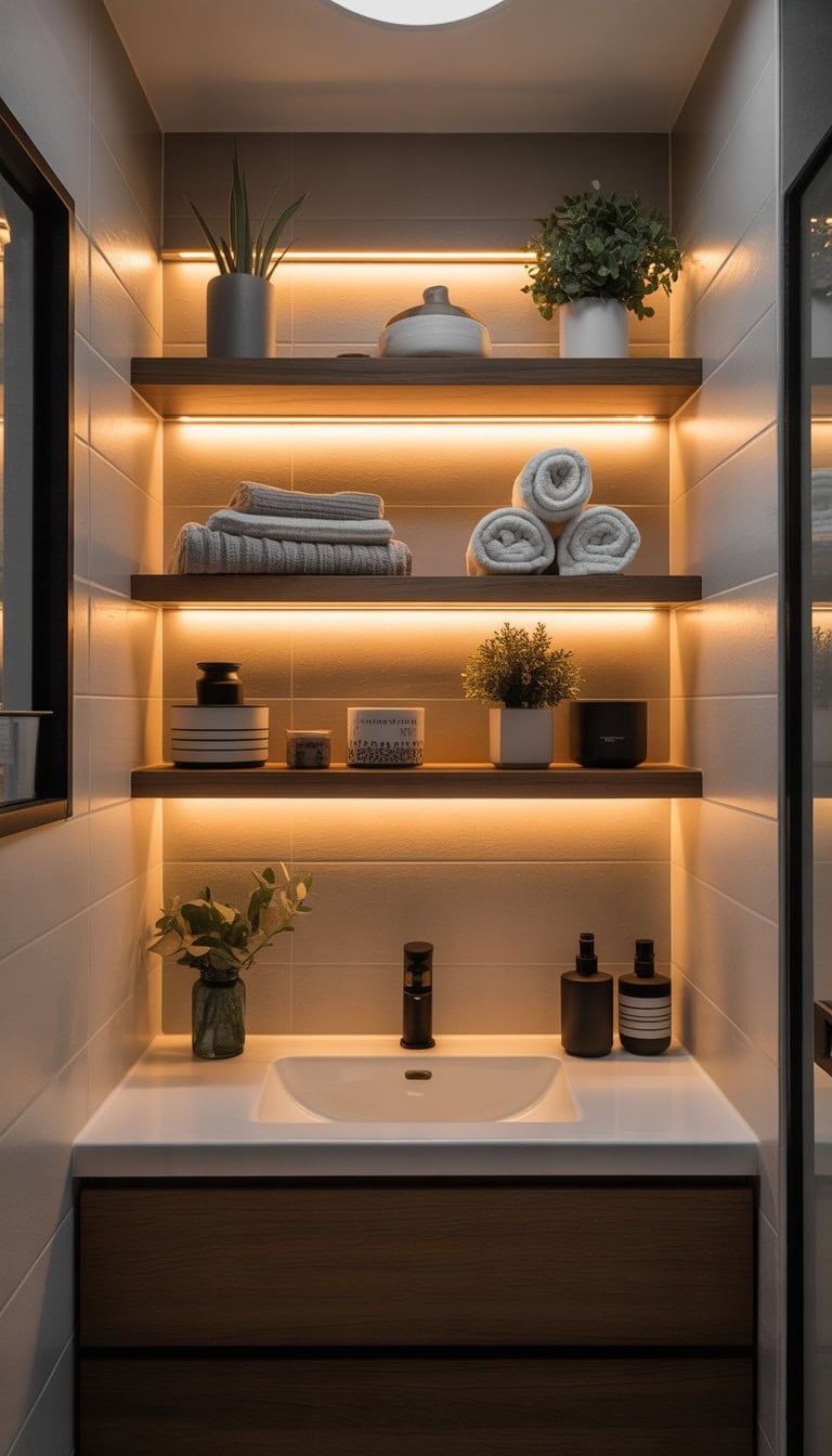 Small bathroom with wooden shelves illuminated by warm LED strip lighting underneath, displaying towels and plants.