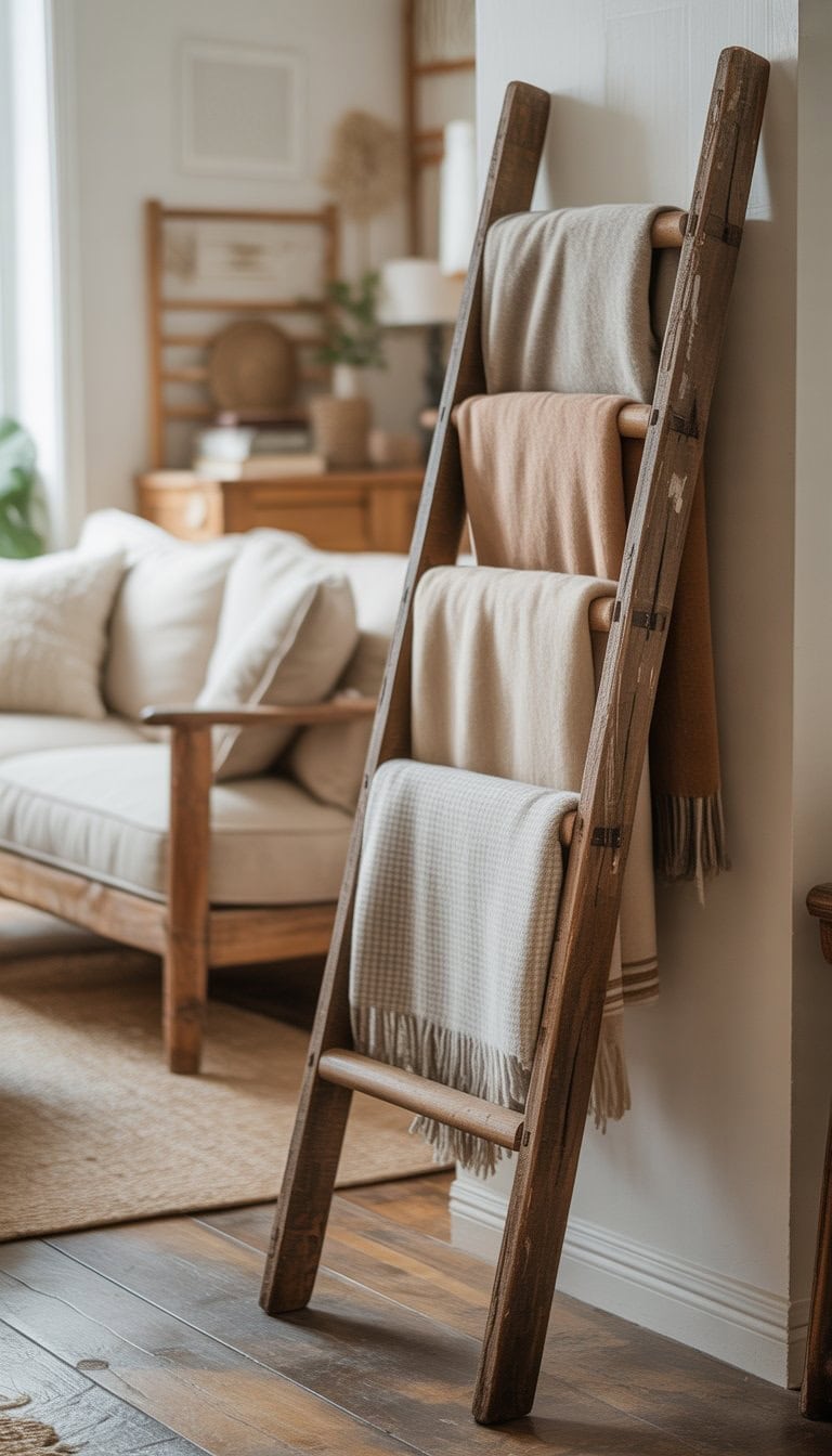 An antique wooden ladder leaning against a wall with blankets draped over its rungs in a cozy living room.