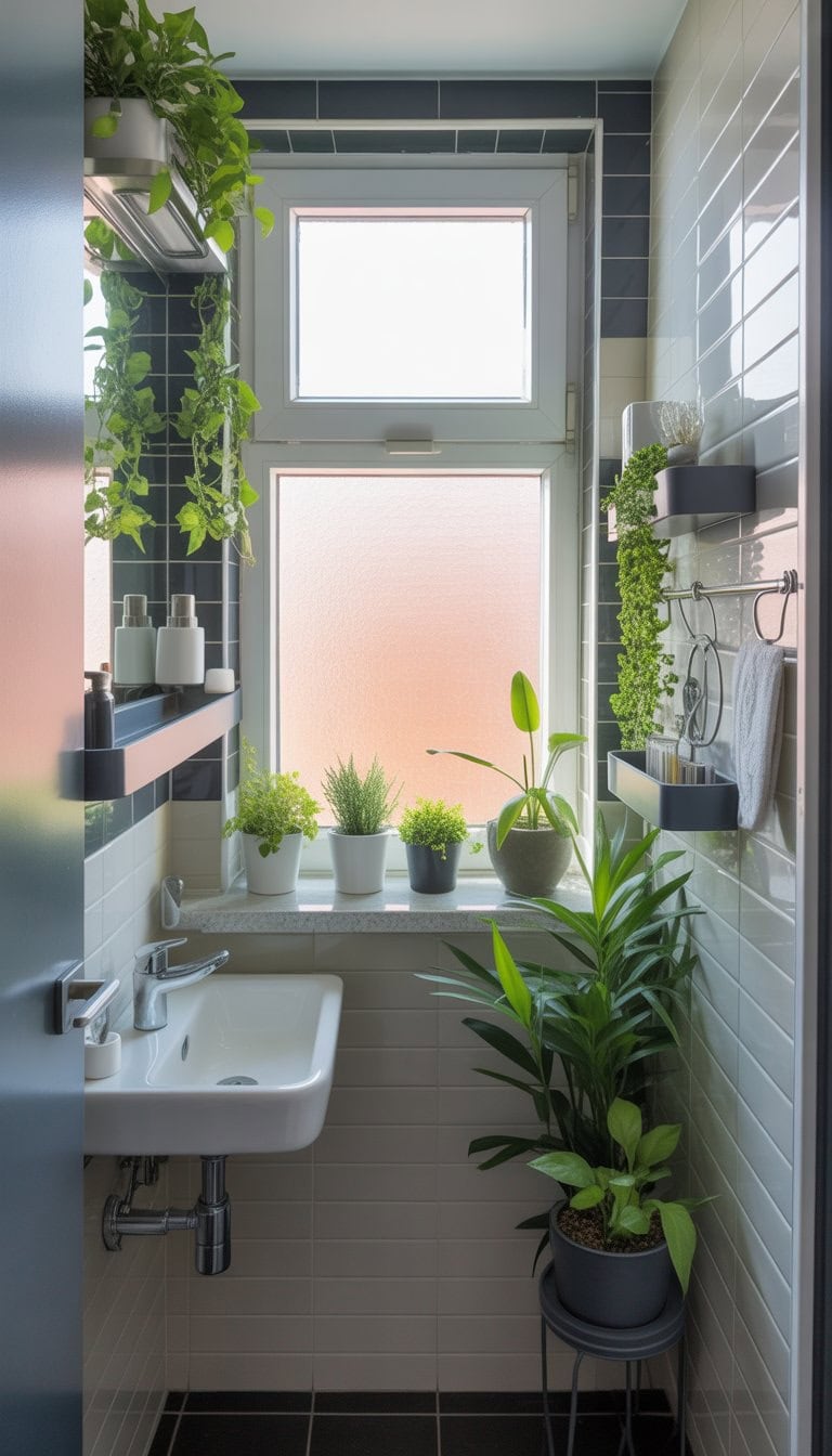 Small bathroom with a window featuring small green plants on the windowsill and space-saving fixtures.