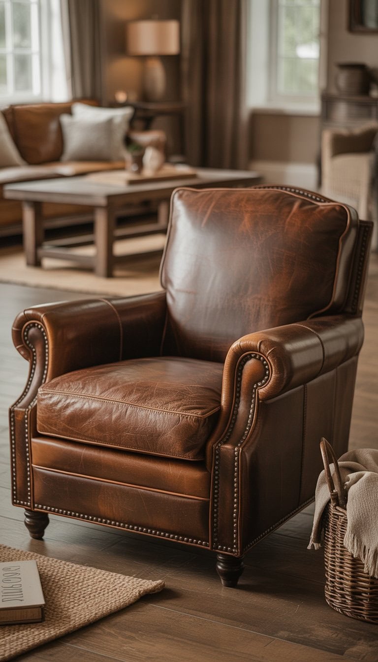 A distressed leather armchair with nailhead trim in a cozy living room with wooden floor and soft natural light.