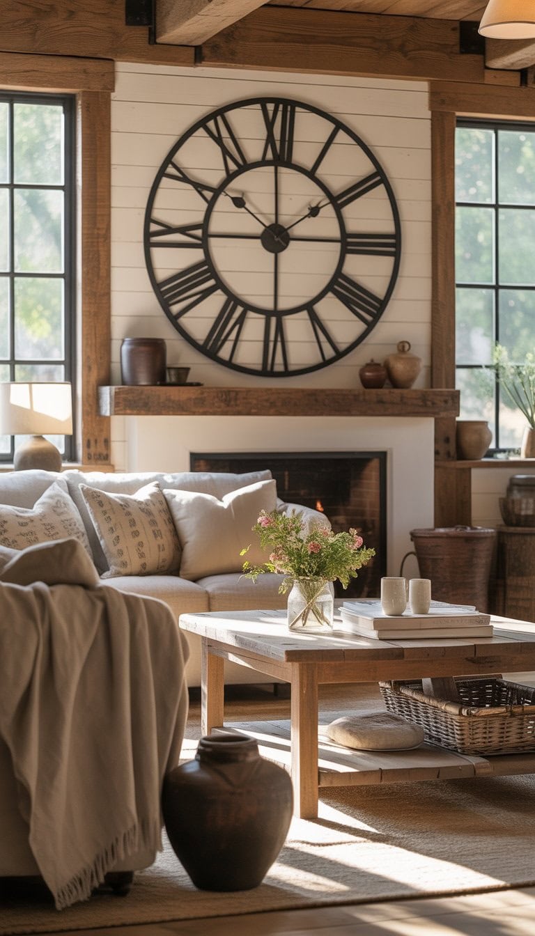 A cozy living room with a large rustic wall clock above a fireplace, comfortable seating, and natural sunlight.